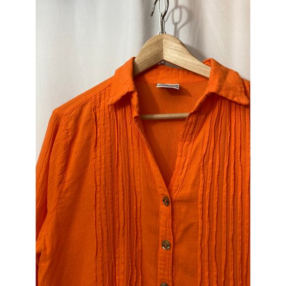 Vintage Dunes Orange Shell Buttons Long Shirt Textured Button Up Blouse Top - Picture 2 of 11
